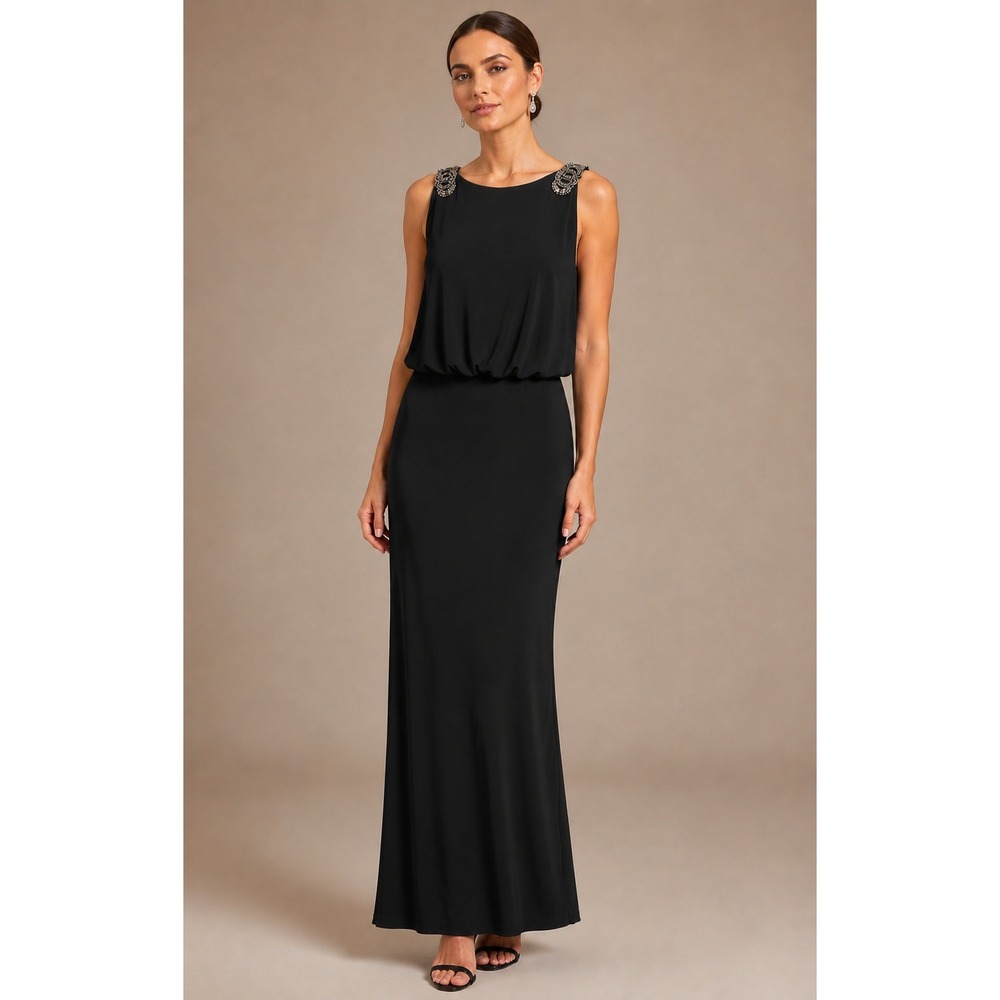 XSCAPE Joanna Chen Charcoal Gray Beaded Shoulder Blouson Evening Gown Dress 4